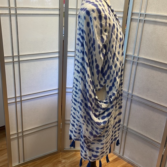 MUDPIE Swim Cover or Kimono Blue and White OS with tassels - Picture 2 of 5